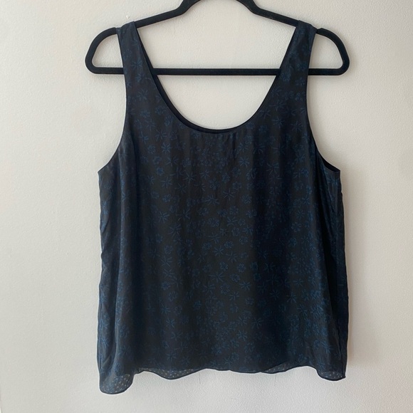 Theory Flower-Print Scoop Tank Top Silk Blouse Black Blue Floral Size L - Picture 5 of 11